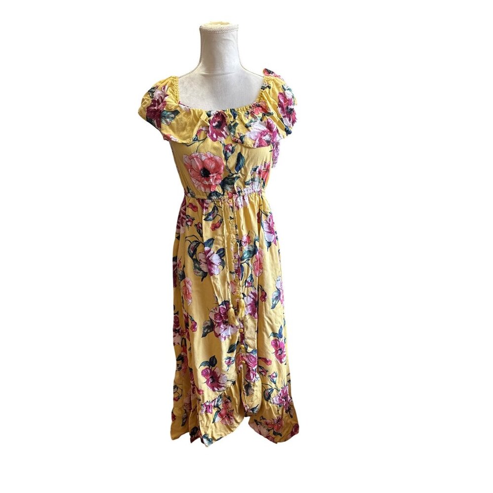 Floral Yellow Off-Shoulder Maxi Dress Ruffled Neckline Button Front Tassel - Picture 10 of 10